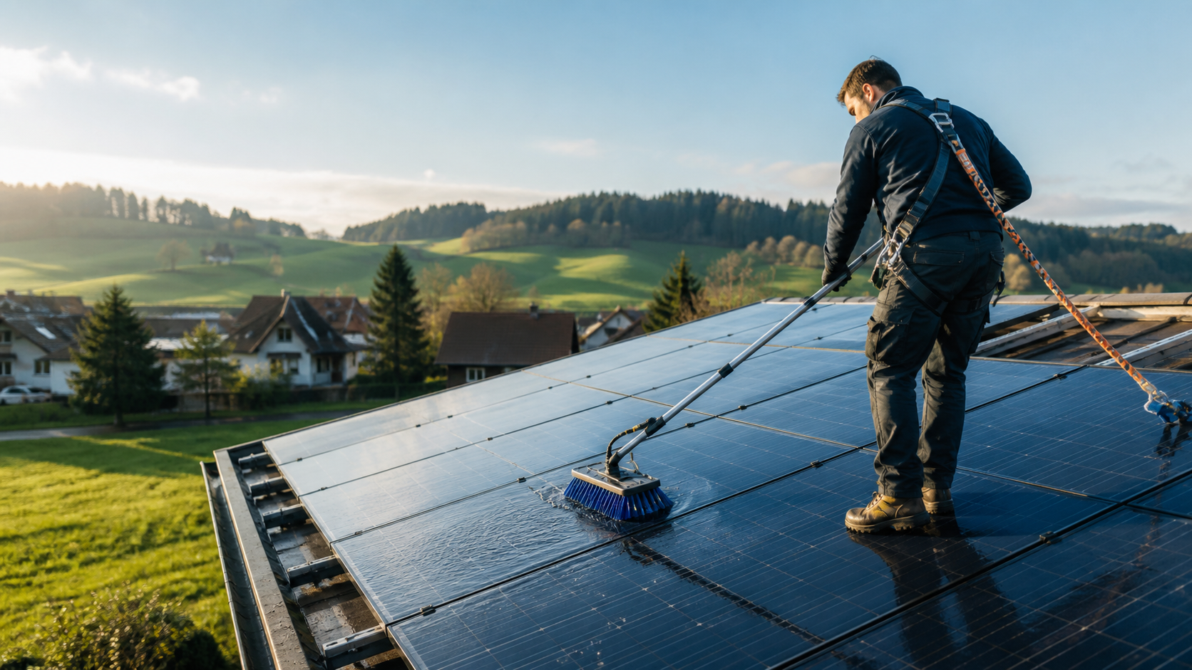 Fachperson reinigt eine Solaranlage auf einem Hausdach